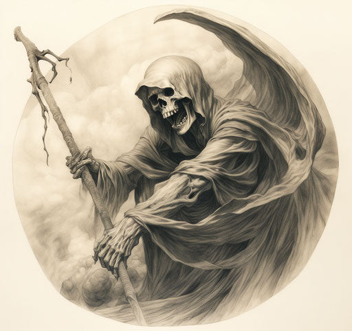 Tattooed reaper sketch slaying, trapped emotions