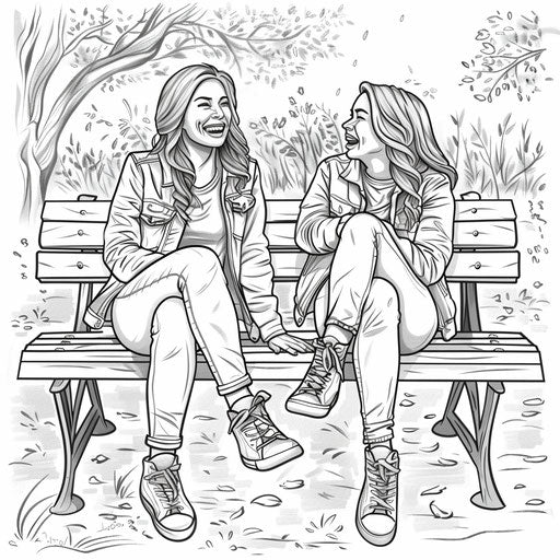 Best friends laughing together on a park bench