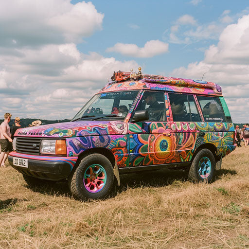 Psychedelic Range Rover surrounded by crowd at festival