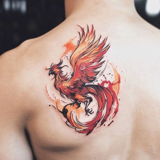 Flat back shoulder tattoo with vibrant red phoenix