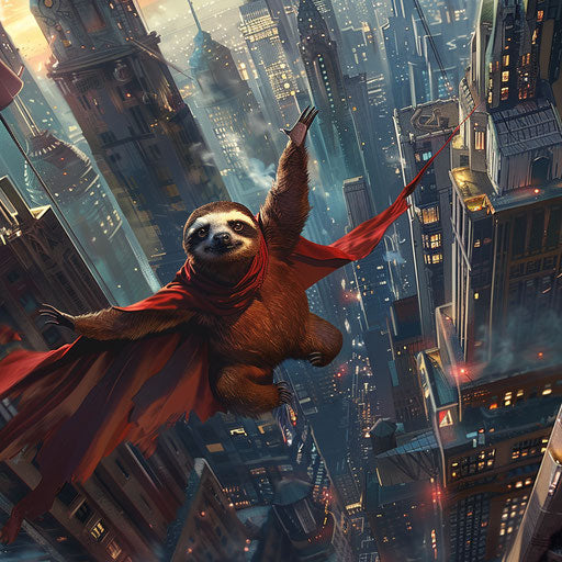 Lazy superhero flying over a bustling city
