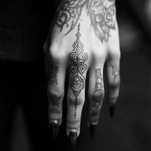 Tiny finger tattoos in the Ami James style with small tribal patterns