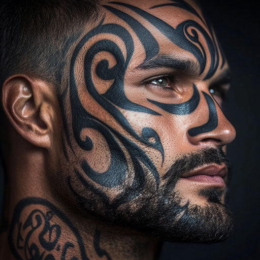 Men's tribal face tattoos with a fierce design