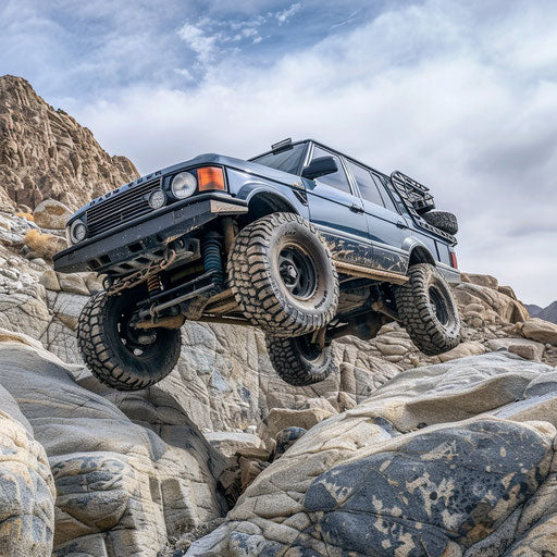 Modified 1994 off-road vehicle climbing rocks