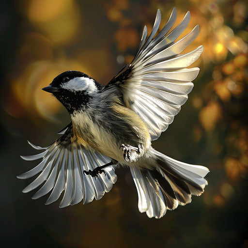 Chickadee in mid-flight with spread wings