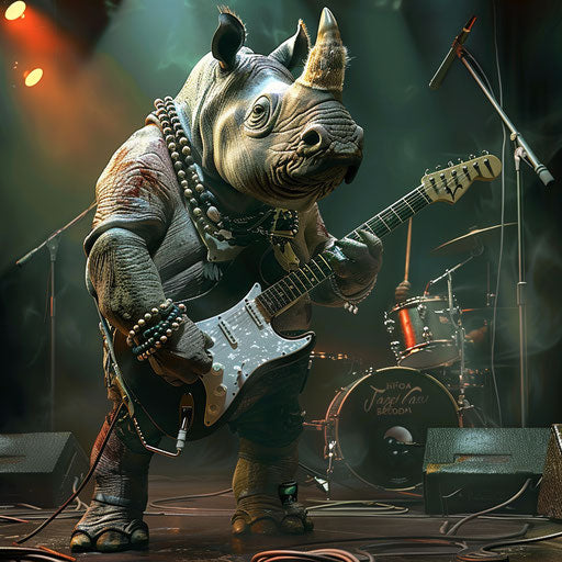 Rhino playing electric guitar on stage