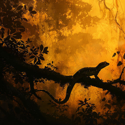 Gecko lizard in a golden forest at dusk