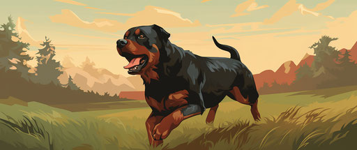 Dog running on green grass, dark orange and dark maroon style