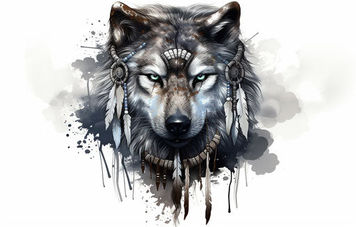 Wolf tattoo with Indian head, black silver, close up