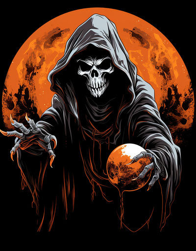 The grim reaper holds an orange in his hand