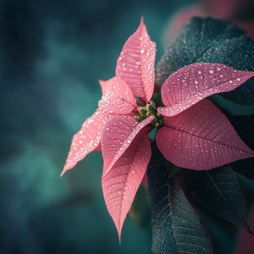 Pink poinsettia with dew and green foliage