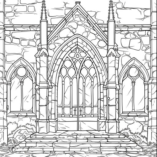 Detailed illustration of a medieval church with intricate stonework. Coloring book page