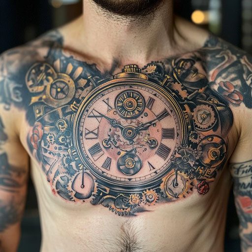 Steampunk clock chest piece tattoo