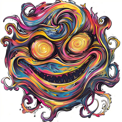 Psychedelic smiley face tattoo artwork, swirling colors, on white backdrop