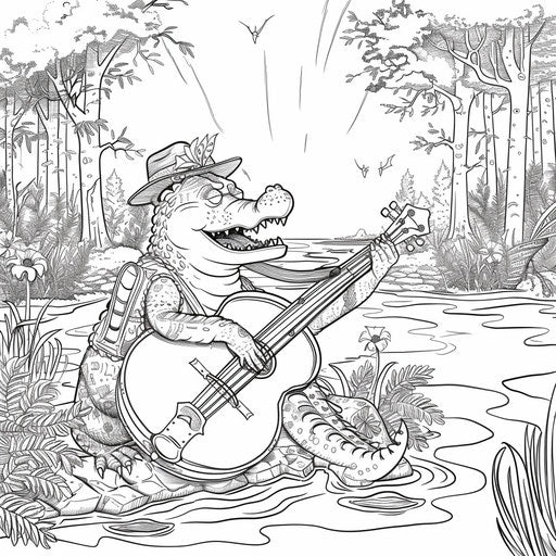 Quirky scene: cartoon alligator playing banjo by the river