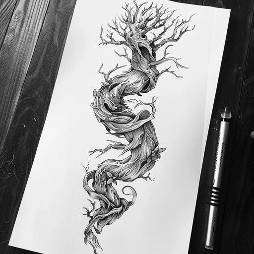 Dynamic tattoo sketch of a tree root intertwined with wildlife elements