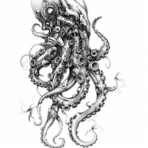 Biomechanical kraken tattoo illustration fusing organic tentacles with mechanical