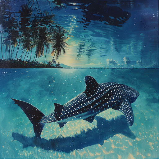 Whale shark basking near a tropical island
