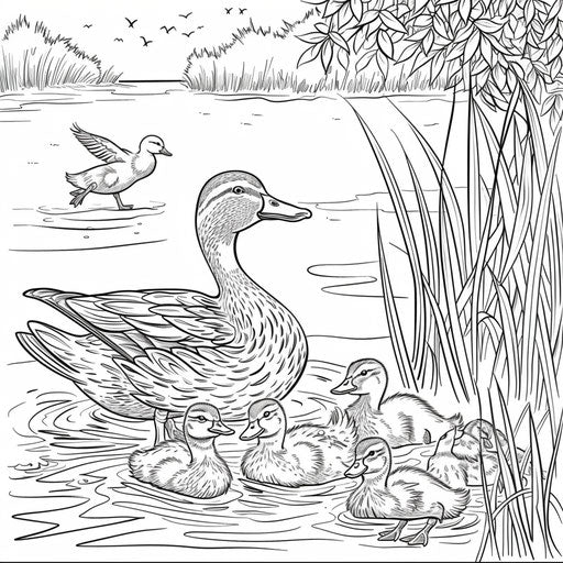 Ducklings Learning to Swim - Coloring Page