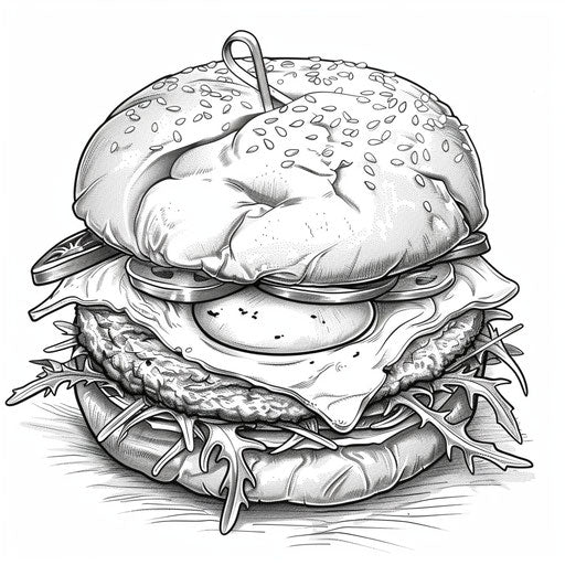 Gourmet burger with egg and arugula detailed coloring