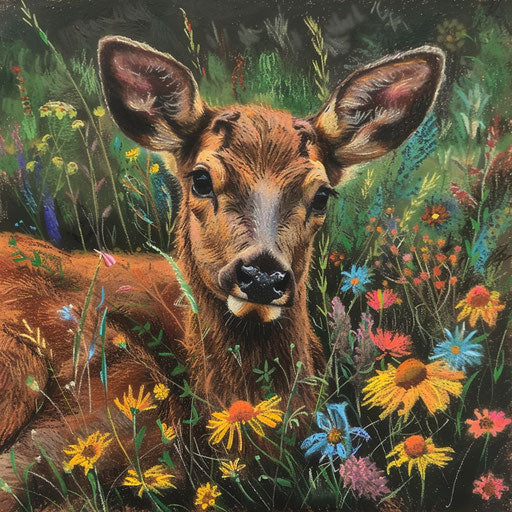 An elk calf in a field of wildflowers