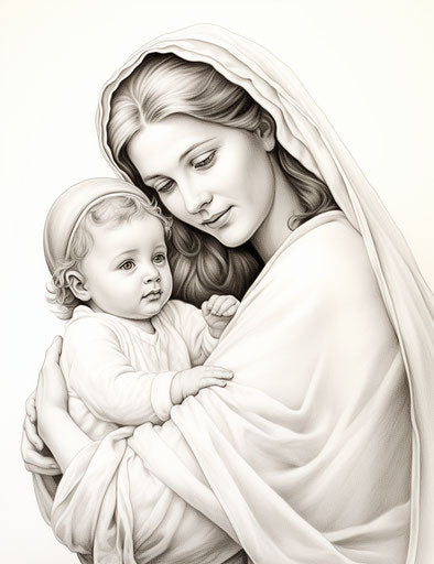 Jesus and Baby Jesus coloring pages, monochromatic portraits