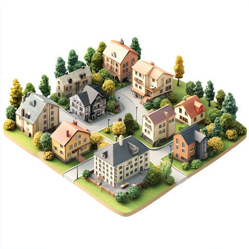 3D town on white background, photo realistic style