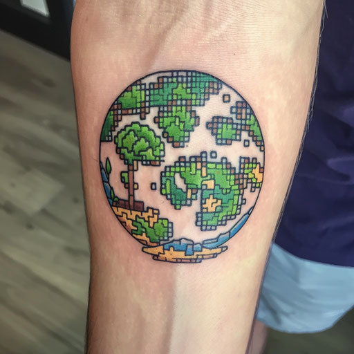 Flat pixel art tattoo sketch of Earth, with 8-bit visuals