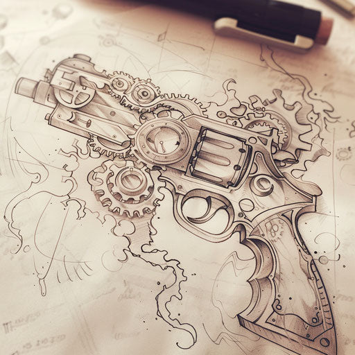 Steampunk gun tattoo concept, with gears and steam