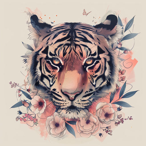 Romantic tattoo sketch in flat style, with tiger eyes in soft rose and blush colors