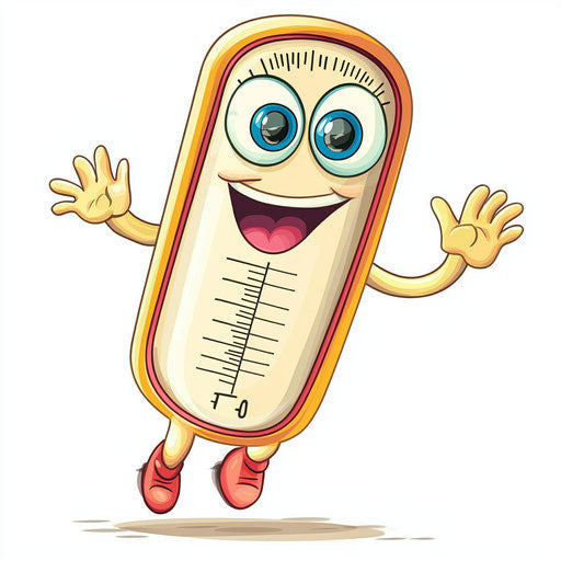 Humorous caricature of a thermometer with human characteristics, big eyes, big feet, vibrant colors, cartoon style, running