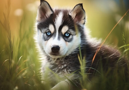 Small black and white husky puppy in the grass