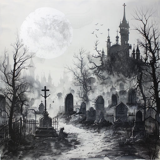 Chilling scene of a graveyard at midnight, eerie tattoo art on white canvas