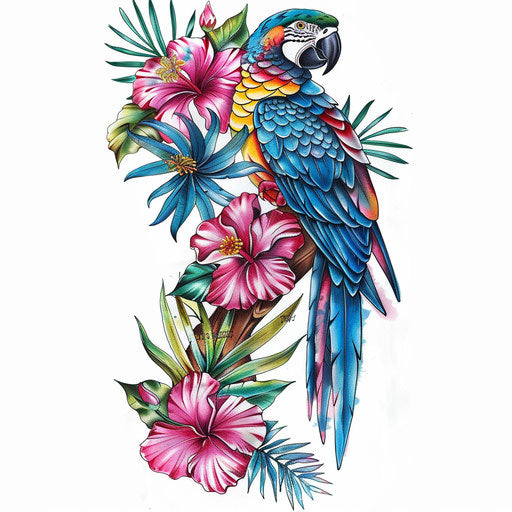 Bold tattoo sketch of a parrot on a branch with tropical flowers