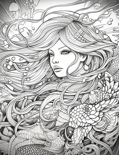 Adult coloring page: mermaid character, ornamental abstraction style