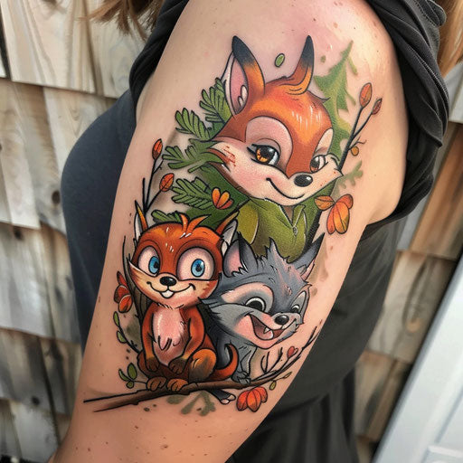 Arm tattoos for women in the style of Steve Sack with humorous cartoon animals