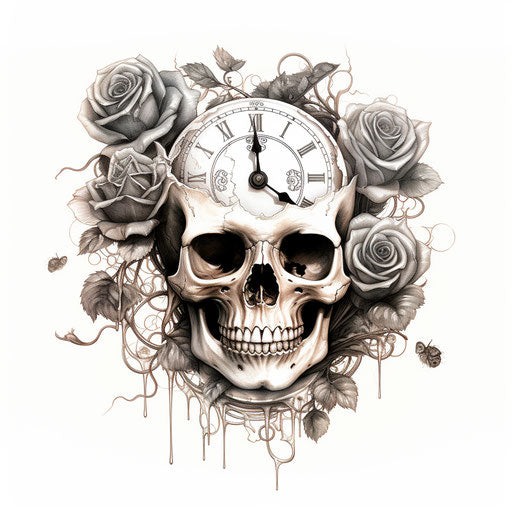 Skull with roses tattoo design ideas, clockpunk style