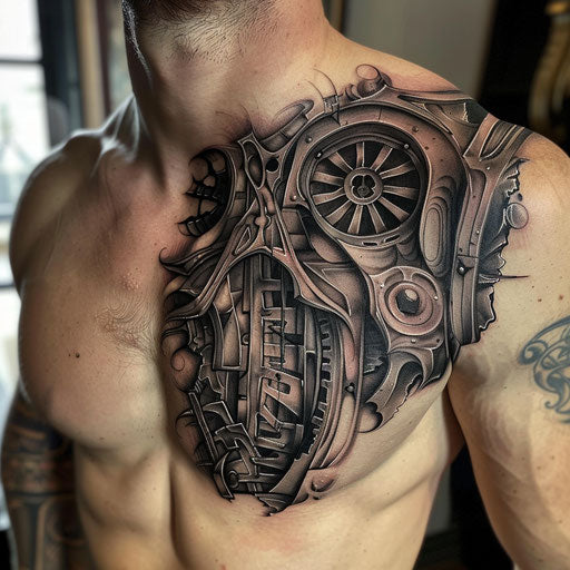 Biomechanical tattoo with a medieval fantasy twist