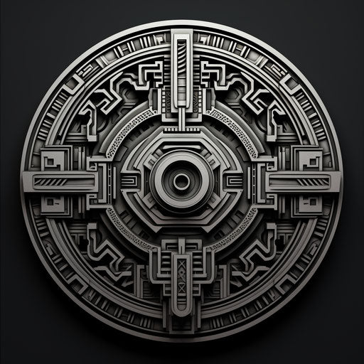 Black and white tribal design sticker, intricate engravings style, bugcore, pigeoncore, aerial view, art deco sensibilities, silver and bronze