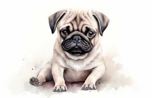Pug on white background, light maroon and light beige style, heavy shading 17:11