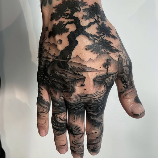 Hand tattoo with surreal landscape