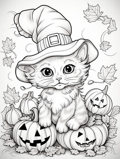 Cute cat sitting in witch hat and pumpkins coloring page Halloween