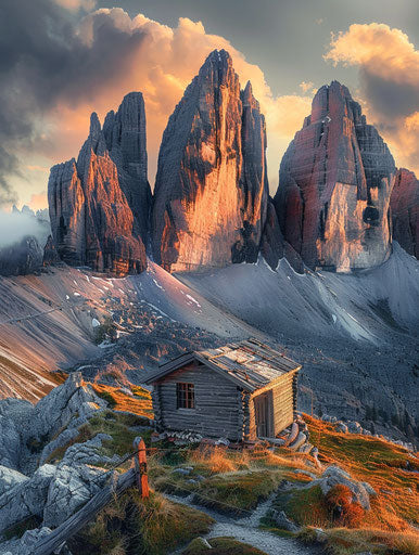 Scenic photo of Dolomites mountains, Italy, beautiful house 3:4