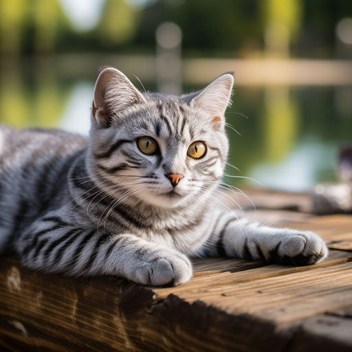 American cat lying on a dock