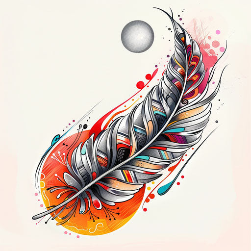 Stylized silver feather with pop art influences and vibrant patterns