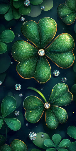 Four-leaf clover with diamonds, glitter background, phone wallpaper
