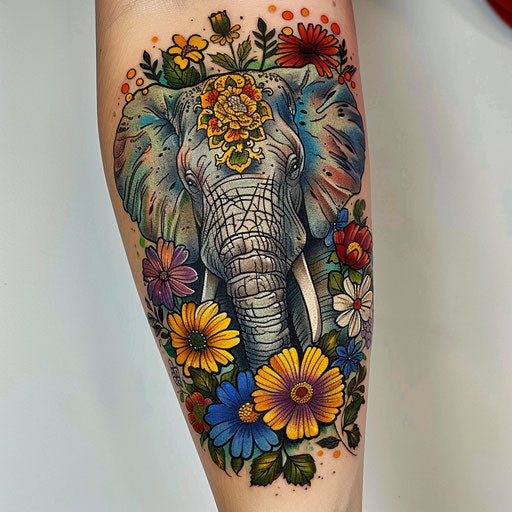 Wildflower tattoo with elephant, vibrant colors, intricate details, majestic