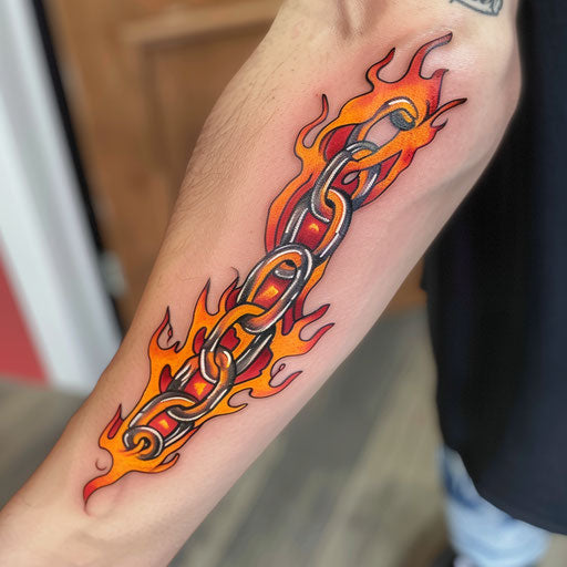 Burning chain tattoo with flames on links, designed in bright orange and red, on a white canvas.