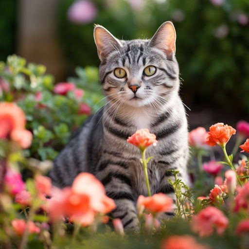 American cat sitting in a flower bed