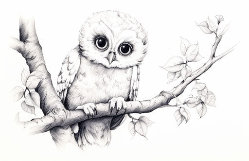 Sweet owl on branch, cartoon innocence, subtle ink style